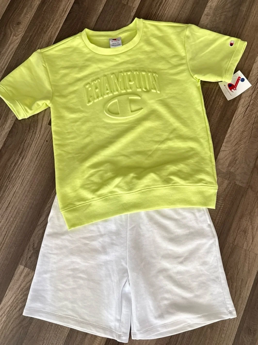 Champion Neon Yellow Embossed Logo Kids Tee and shorts set